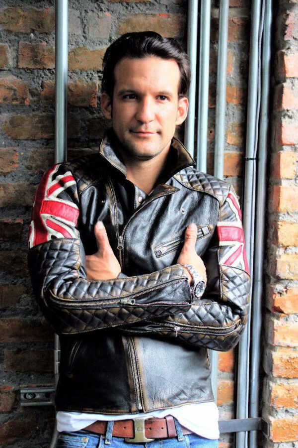 Mens Biker UK Flag Leather Jacket