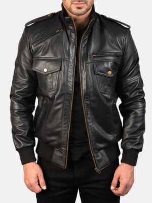 Agent Shadow Black Leather Bomber Jacket