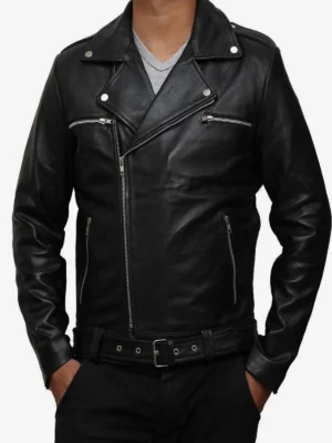 Men Negan Black Asymmetrical Belted Moto Leather Jacket