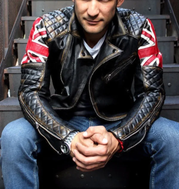 Mens Biker UK Flag Leather Jacket