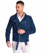 Genuine Blue Motorcycle Suede Leather Jacket for Men