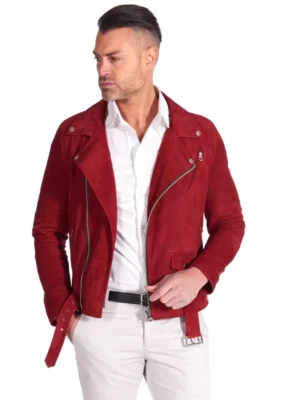 Genuine Red Motorcycle Suede Leather Jacket for Men