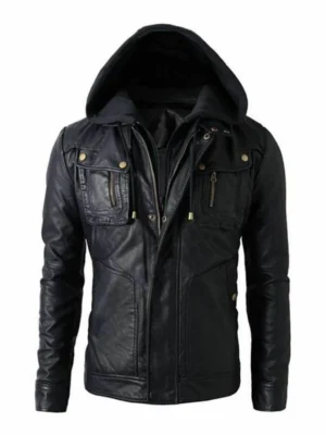 Military Grade Men’s Motorcycle Biker Real Leather Detachable Hood Jacket