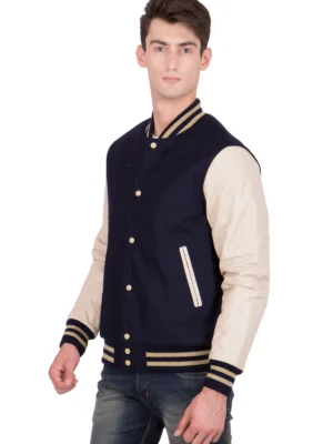 White Leather Sleeves Blue Wool Varsity Jacket