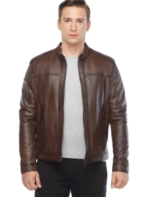 Sport Stitched Classic Real Leather Brown Jacket