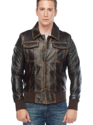 Real Distressed Leather Bomber Jacket